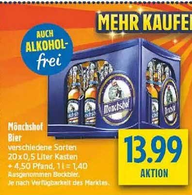 Mönchshof Bier verschiedene Sorten 20 x 0,5 Liter Kasten + 4,50 Pfand, 1 l = 1,40