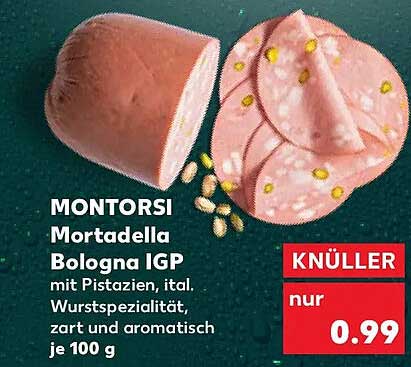 MONTORSI Mortadella Bologna IGP mit Pistazien, ital. Wurstspezialität, zart und aromatisch je 100 g