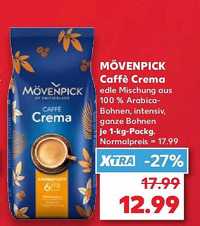 MÖVENPICK Caffè Crema edle Mischung aus 100 % Arabicabohnen, intensiv, ganze Bohnen, je 1-kg-Packg.