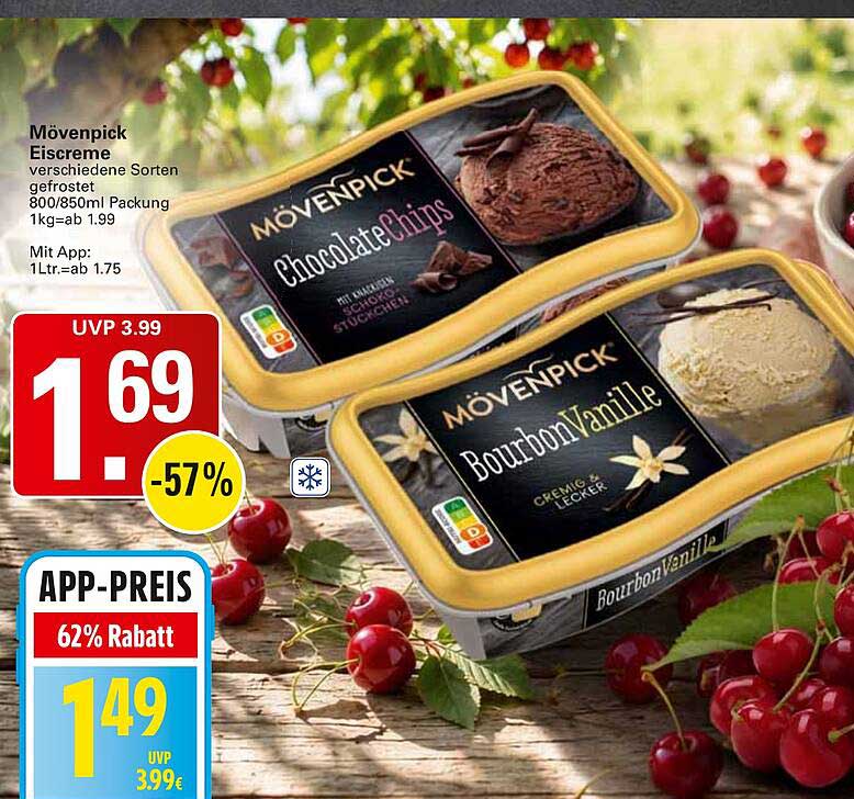 Mövenpick Eiscreme verschiedene Sorten gefrostet 800/850ml Packung 1kg=ab 1.99 Mit App: 1Ltr.=ab 1.75