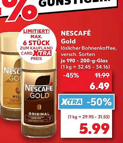 NESCAFÉ Gold löslicher Bohnenkaffee, versch. Sorten je 190 - 200-g-Glas (1 kg = 32.45 - 34.16)