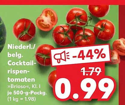 Niederl./belg. Cocktail-rispen-tomaten »Brioso«, Kl. I je 500-g-Packg. (1 kg = 1.98)