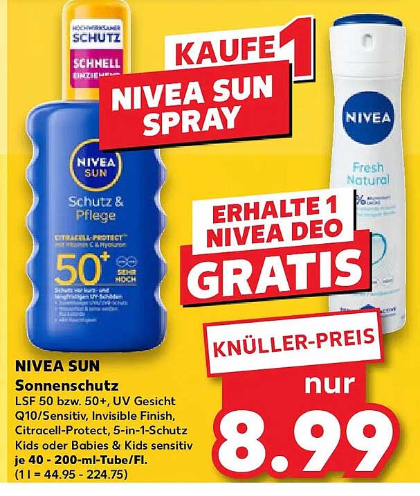 NIVEA SUN Sonnenschutz LSF 50 bzw. 50+, UV Gesicht Q10/Sensitiv, Invisible Finish, Citracell-Protect, 5-in-1-Schutz Kids oder Babies & Kids sensitiv je 40 - 200-ml-Tube/Fl.