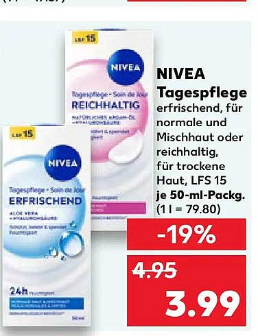 NIVEA Tagespflege erfrischend, für normale und Mischhaut oder reichhaltig, für trockene Haut, LFS 15 je 50-ml-Packg. (1 l = 79.80)