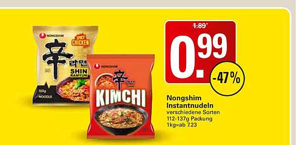 Nongshim Instantnudeln verschiedene Sorten 112-137g Packung 1kg-ab 7,23