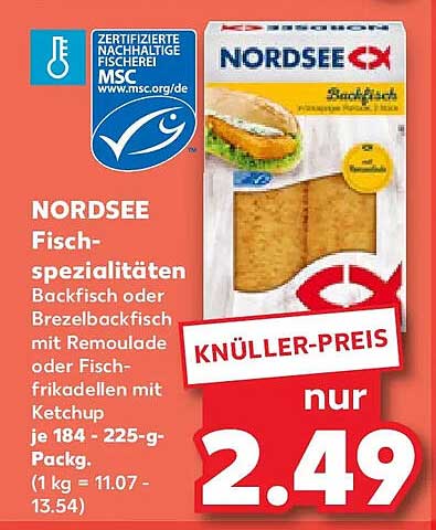 NOR DSEE Fisch-spezialitäten Backfisch oder Brezelbackfisch mit Remoulade oder Fisch-frikadellen mit Ketchup je 184 - 225-g-Packg. (1 kg = 11.07 - 13.54)