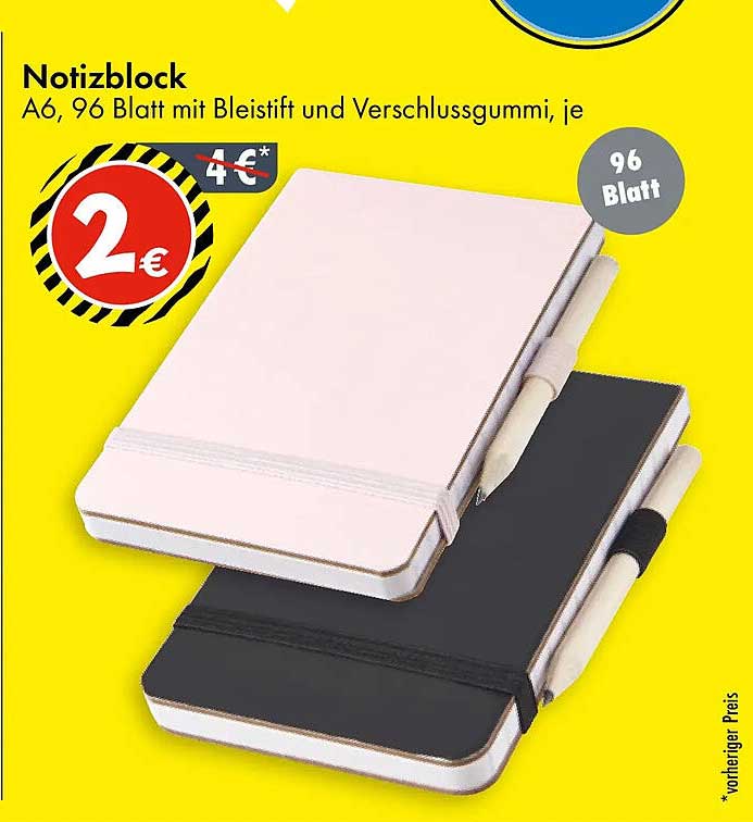 Notizblock A6, 96 Blatt mit Bleistift und Verschlussgummi, je