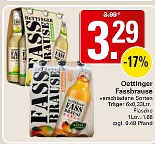 Oettinger Fassbrause verschiedene Sorten Träger 6x0,33ltr. Flasche 1Ltr.=1.66 zzgl. 0.48 Pfand
