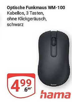 Optische Funkmaus WM-100 Kabellos, 3 Tasten, ohne Klickgeräusch, schwarz