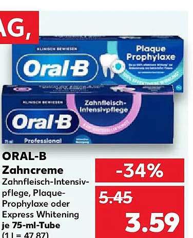 ORAL-B Zahncreme Zahnfleisch-Intensivpflege, Plaque-Prophylaxe oder Express Whitening je 75-ml-Tube
