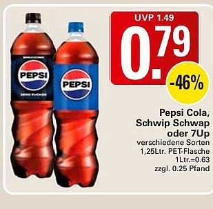 Pepsi Cola, Schwip Schwap oder 7up verschiedene Sorten 1,25 Ltr. PET-Flasche 1Ltr.=0.63 zzgl. 0.25 Pfand