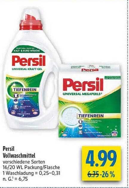 Persil Vollwaschmittel verschiedene Sorten 16/20 WL Packung/Flasche 1 Waschladung = 0,25–0,31 n. G.: = 6,75