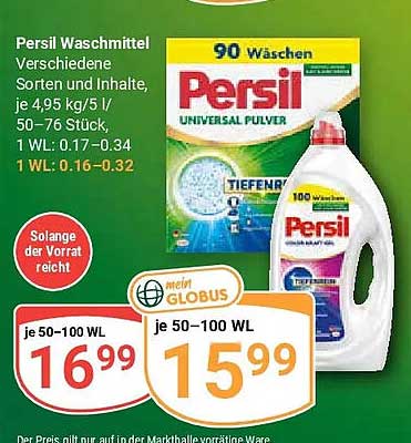 Persil Waschmittel Verschiedene Sorten und Inhalte, je 4,95 kg/5 l 50–76 Stück 1 WL: 0.17–0.34 1 WL: 0.16–0.32