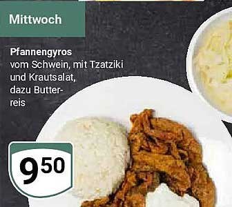 Pfannengyros vom Schwein, mit Tzatziki und Krautsalat, dazu Butterreis