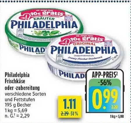 Philadelphia Frischkäse oder -zubereitung verschiedene Sorten und Fettstufen 195 g Becher