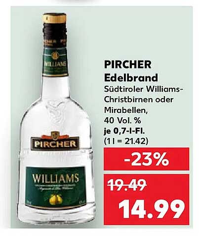 PIRCHER Edelbrand Südtiroler Williams-Christbirnen oder Mirabellen, 40 Vol. % je 0,7-l-Fl. (1 l = 21.42)