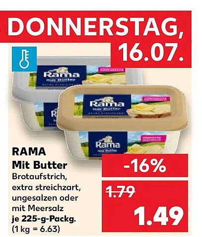 RAMA Mit Butter Brotaufstrich, extra streichzart, ungesalzen oder mit Meersalz je 225-g-Packg. (1 kg = 6.63)