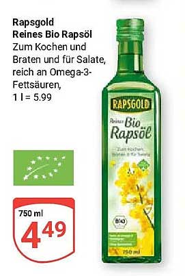 Rapsgold Reines Bio Rapsöl Zum Kochen und Braten und für Salate, reich an Omega-3-Fettsäuren, 1 l