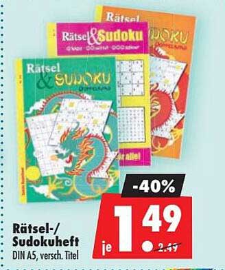 Rätsel-/Sudokuheft DIN A5, versch. Titel
