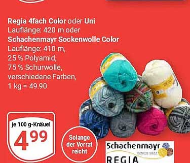 Regia 4fach Color oder Uni Lauflänge: 420 m oder Schachenmayr Sockenwolle Color Lauflänge: 410 m, 25 % Polyamid, 75 % Schurwolle, verschiedene Farben, 1 kg = 49.90