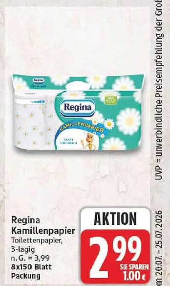 Regina Kamillenpapier Toilettenpapier, 3-lagig n.G. = 3,99 8x150 Blatt Packung