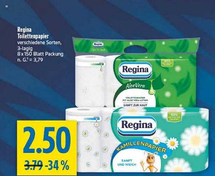 Regina Toilettenpapier verschiedene Sorten, 3-lagig 8 x 150 Blatt Packung