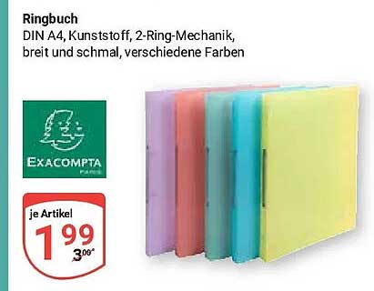 Ringbuch DIN A4, Kunststoff, 2-Ring-Mechanik, breit und schmal, verschiedene Farben