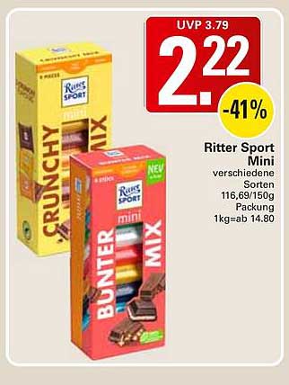 Ritter Sport Mini verschiedene Sorten 116,6/91,5g Packung 1kg=ab 14.80