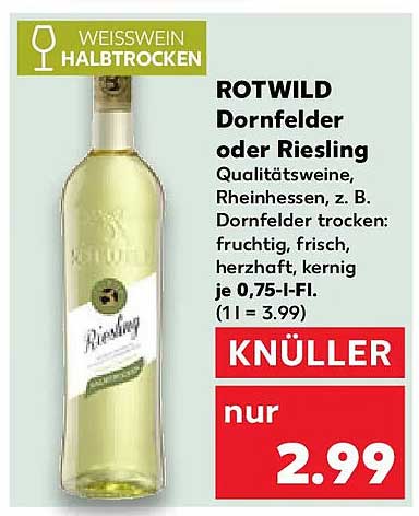 ROTWILD Dornfelder oder Riesling Qualitätsweine, Rheinhessen, z. B. Dornfelder trocken: fruchtig, frisch, herzhaft, kernig je 0,75-l-Fl. (1 l = 3,99)