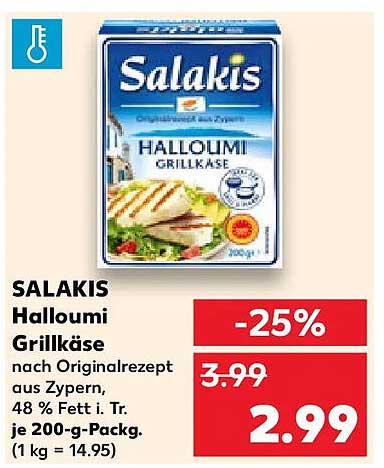 SALAKIS Halloumi Grillkäse nach Originalrezept aus Zypern, 48 % Fett i. Tr. je 200-g-Packg. (1 kg = 14.95)