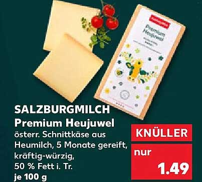 SALZBURGMILCH Premium Heujuwel österr. Schnittkäse aus Heumilch, 5 Monate gereift, kräftig-würzig, 50 % Fett i. Tr. je 100 g