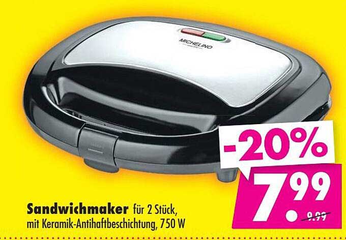 Sandwichmaker für 2 Stück, mit Keramik-Antihaftbeschichtung, 750 W