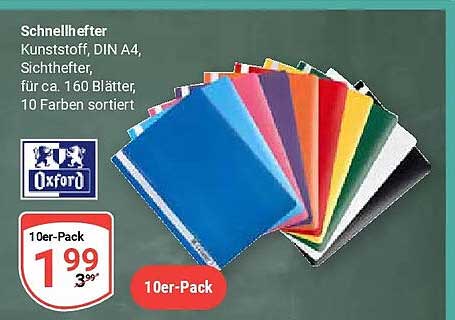Schnellhefter Kunststoff, DIN A4, Sichthfter, für ca. 160 Blätter, 10 Farben sortiert