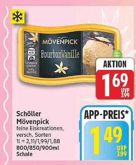 Schöller Mövenpick feine Eiskreationen, versch. Sorten 1 l = 2,11/1,99/1,88 800/850/900ml Schale
