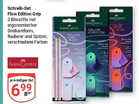 Schreib-Set Flow Edition Grip 2 Bleistifte mit ergonomischer Dreikantform, Radierer und Spitzer, verschiedene Farben