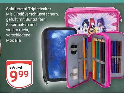Schüleretui Tripledecker Mit 3 Reißverschlussfächern, gefüllt mit Buntstiften, Fasermalern und vielem mehr, verschiedene Modelle