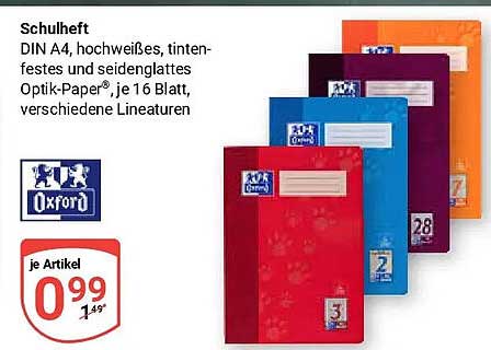 Schulheft DIN A4, hochweißes, tintenfestes und seidenglattes Optik-Papier, je 16 Blatt, verschiedene Lineaturen