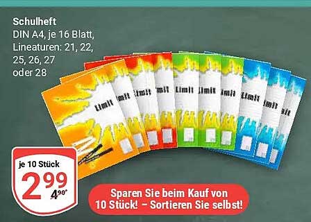 Schulheft DIN A4, je 16 Blatt, Lineaturen: 21, 22, 25, 26, 27 oder 28