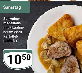 Schweine-medallions mit Pilzrahm-sauce, dazu Kartoffel-röstitaler