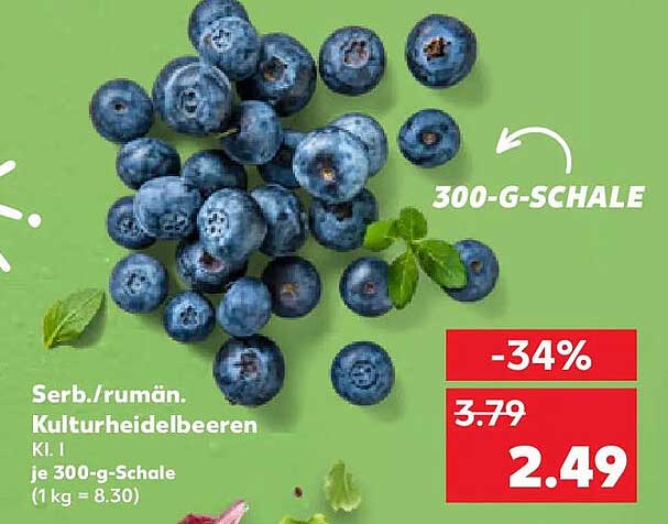 Serb./rumän. Kulturheidelbeeren Kl. I je 300-g-Schale (1 kg = 8.30)