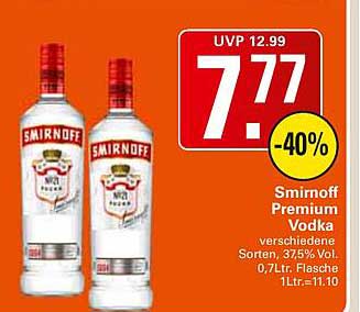 Smirnoff Premium Vodka verschiedene Sorten, 37,5% Vol. 0,7Ltr. Flasche 1Ltr.=11.10