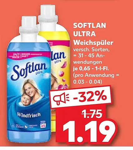 SOFTLAN ULTRA Weichspüler versch. Sorten, = 31 - 45 Anwendungen je 0.65 -1-Lfl. (pro Anwendung = 0.03 - 0.04)