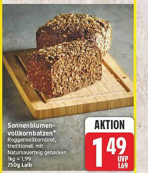 Sonnenblumen-vollkornbatzen* Roggenvollkornbrot, traditionell mit Natursauerteig gebacken 1kg = 1,99 750g Laib