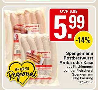 Spengemann Rostbratwurst Arriba oder Käse aus Kirchlengern von der Fleischerei Spengemann 500g Packung 1kg=11.98