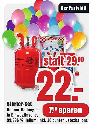 Starter-Set Helium-Ballongas in Einwegflasche, 99,996 % Helium, inkl. 30 bunten Latexballons