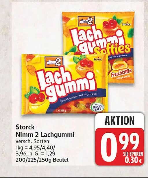 Stock Nimm 2 Lachgummi versch. Sorten 1kg = 4,95/4,40/3,96, n. G. = 1,29 200/225/250g Beutel