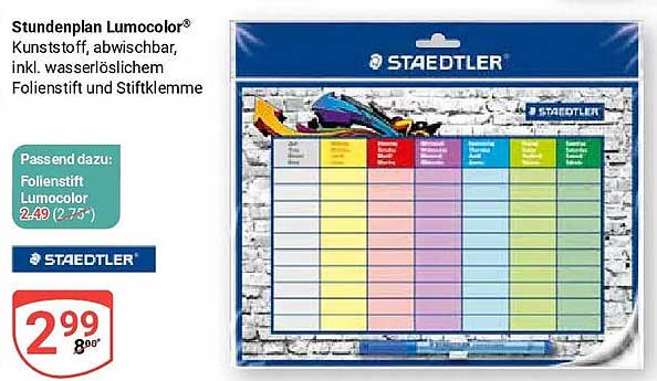 Stundenplan Lumocolor® Kunststoff, abwischbar, inkl. wasserlöslichem Folienstift und Stiftklemme