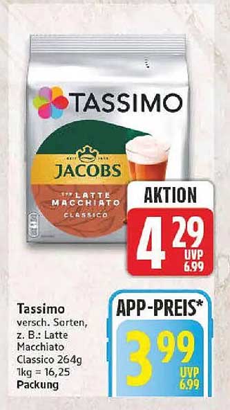 Tassimo versch. Sorten, z. B.: Latte Macchiato Classico 264g 1kg = 16,25 Packung