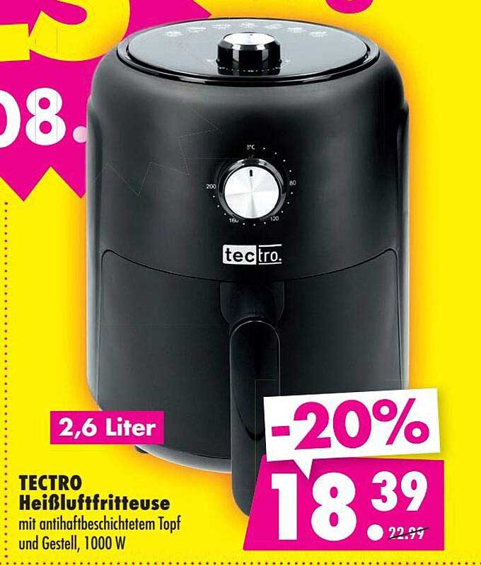 TECTRO Heißluftfritteuse mit antihaftbeschichtetem Topf und Gestell, 1000 W