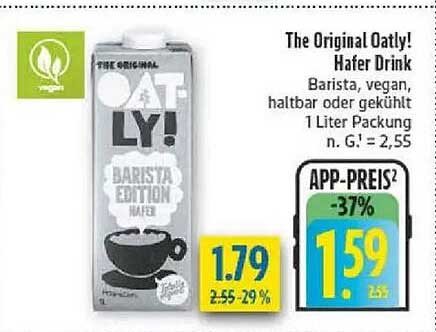 The Original Oatly! Hafer Drink Barista, vegan, haltbar oder gekühlt 1 Liter Packung n. G.¹